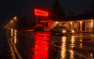 雨の夜、赤いネオンのモーテル
